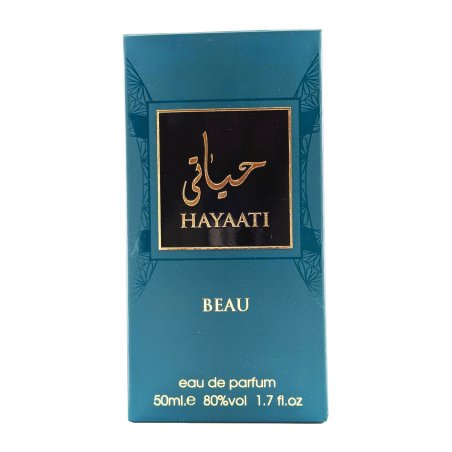 Fragrance World Hayaati Beau EDP 50 ml — confezione del prodotto; primo piano; su sfondo bianco