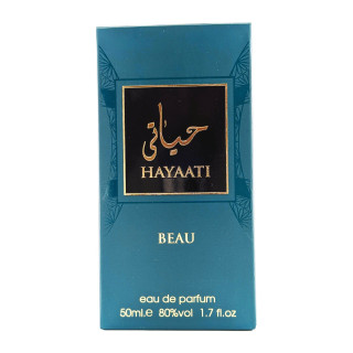Fragrance World Hayaati Beau EDP 50 ml — confezione del prodotto; primo piano; su sfondo bianco