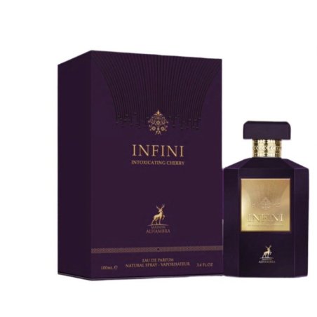 Lattafa Perfume Infini Intoxicating Cherry Maison EDP 100 ml — toode ja pakend; lähivaade; valgel taustal