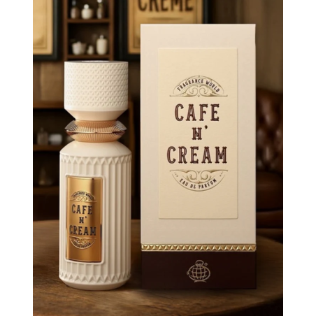 Fragrance World Cafe N' Cream EDP 100 ml — produkt i en stiliseret opstilling; meget tæt nærbillede; på en træoverflade
