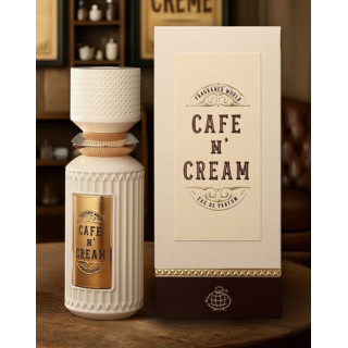 Fragrance World Cafe N' Cream EDP 100 ml — produkt i en stiliseret opstilling; meget tæt nærbillede; på en træoverflade