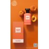 Fragrance World Intense Peach EDP 80 ml — товар и упаковка; очень крупный план; с ингредиентами аромата; самый широкий кадр
