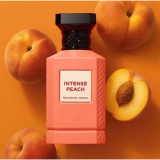 Fragrance World Intense Peach EDP 80 ml — товар и упаковка; очень крупный план; с ингредиентами аромата; самый близкий кадр