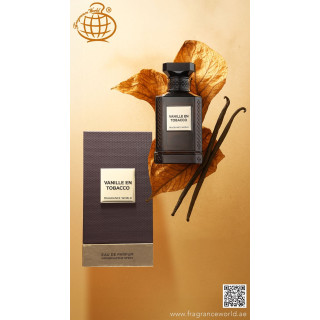 Fragrance World Vanille En Tobacco EDP 80 ml — produkta skats; tuvplāns; uz balta fona