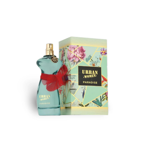 Fragrance World Urban Women Paradise EDP 90 ml — producto y embalaje; composición completa; sobre fondo blanco