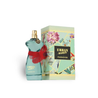Fragrance World Urban Women Paradise EDP 90 ml — producto y embalaje; composición completa; sobre fondo blanco