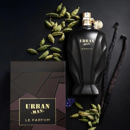 Fragrance World Urban Man Le Parfum EDP 90 ml — изображение товара; крупный план; на тёмном фоне