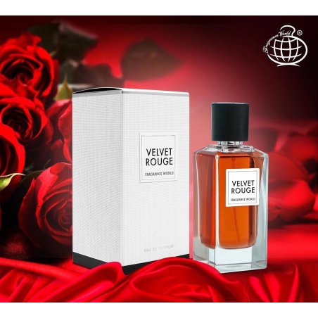 Fragrance World Velvet Rouge EDP 100 ml — toode stiliseeritud keskkonnas; väga lähivõte; lilledega