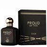 Fragrance World Proud of You Oud EDP 100 ml — product en verpakking; zeer nabije close-up; op een witte achtergrond