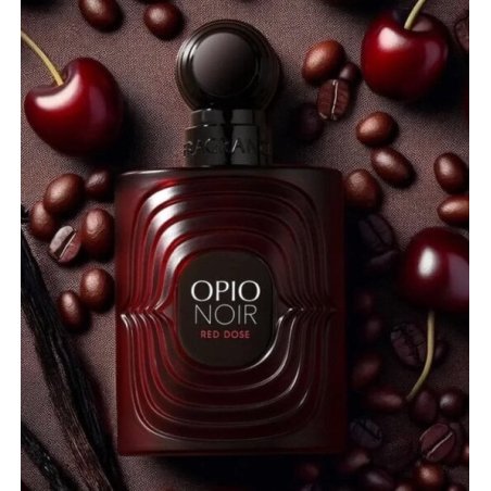 Fragrance World Opio Noir Red Dose EDP 100 ml — toote vaade; väga lähivõte; lõhna koostisosadega
