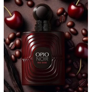 Fragrance World Opio Noir Red Dose EDP 100 ml — toote vaade; väga lähivõte; lõhna koostisosadega