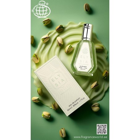 Fragrance World Elysia Pista Sundae EDP 50 ml — товар и упаковка; крупный план; на белом фоне