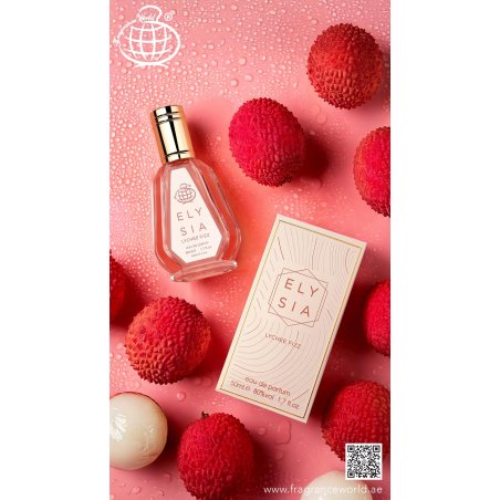 Fragrance World Elysia Lychee Fizz EDP 50 ml — товар и упаковка; крупный план; с ингредиентами аромата