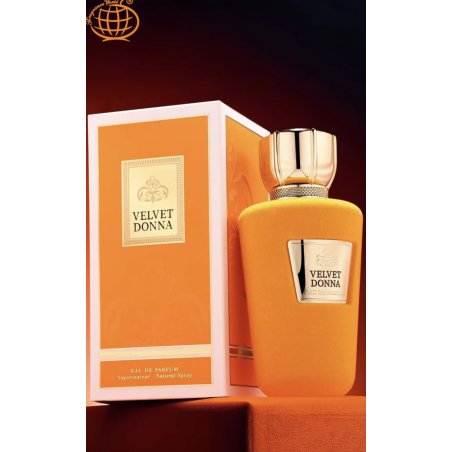 Fragrance World Velvet Donna EDP 100 ml — produkt a balení; velmi detailní záběr; na bílém pozadí