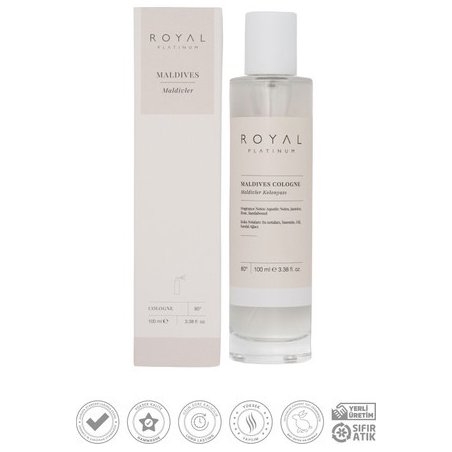 Royal Platinum MALDIVES Cologne 100 ml — изображение товара; крупный план; на белом фоне; самый близкий кадр