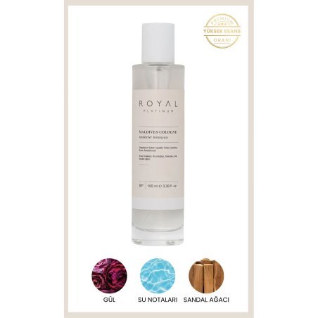 Royal Platinum MALDIVES Cologne 100 ml — изображение товара; крупный план; на белом фоне; самый широкий кадр