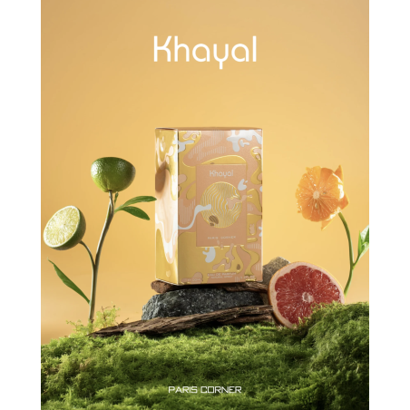 Paris Corner Khayal EDP 100 ml — товар в стилизованной композиции; очень крупный план; на каменной поверхности