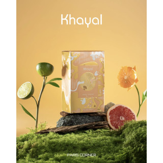 Paris Corner Khayal EDP 100 ml — товар в стилизованной композиции; очень крупный план; на каменной поверхности