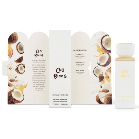 Gulf Orchid Coco Blanco EDP 100 ml — product en verpakking; close-up; op een witte achtergrond