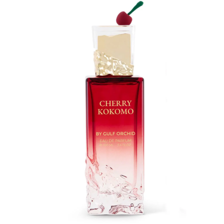 Gulf Orchid Cherry Kokomo EDP 100 ml — προϊόν και συσκευασία; κοντινή λήψη; σε λευκό φόντο; ευρύτερο κάδρο
