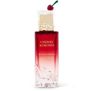 Gulf Orchid Cherry Kokomo EDP 100 ml — προϊόν και συσκευασία; κοντινή λήψη; σε λευκό φόντο; ευρύτερο κάδρο