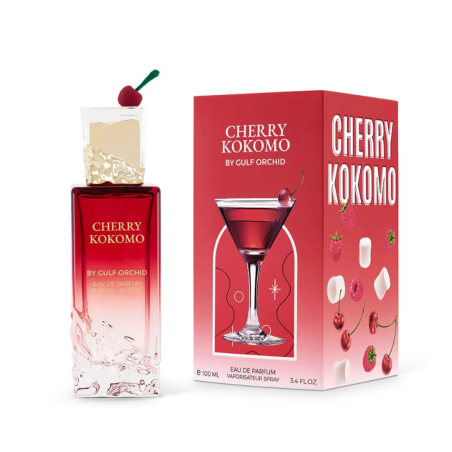 Gulf Orchid Cherry Kokomo EDP 100 ml — προϊόν και συσκευασία; κοντινή λήψη; σε λευκό φόντο; πιο κοντινό κάδρο