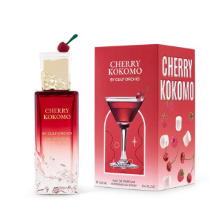 Gulf Orchid Cherry Kokomo EDP 100 ml — προϊόν και συσκευασία; κοντινή λήψη; σε λευκό φόντο; πιο κοντινό κάδρο