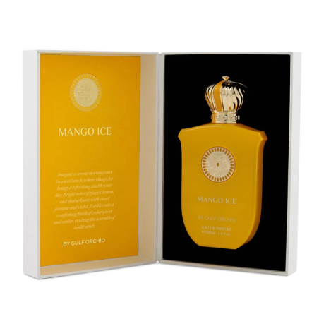 Gulf Orchid Mango Ice EDP 100 ml — товар и упаковка; очень крупный план; на белом фоне