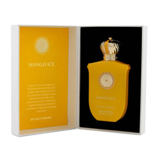 Gulf Orchid Mango Ice EDP 100 ml — товар и упаковка; очень крупный план; на белом фоне