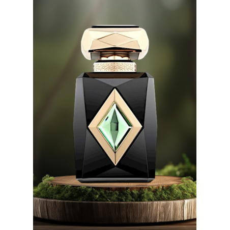 Iris Patchouli Extrait de Parfum 80 ml — produkt ve stylizované kompozici; velmi detailní záběr; na dřevěném povrchu