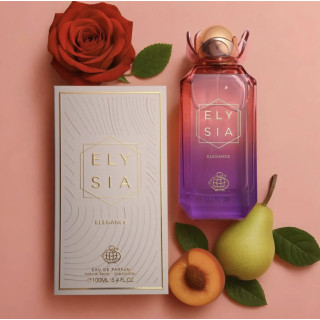 Fragrance World Elysia Elegance EDP 100 ml — toode stiliseeritud keskkonnas; väga lähivõte; lilledega