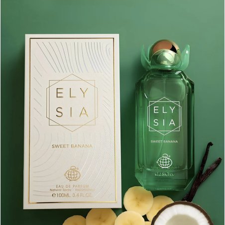 Fragrance World Elysia Sweet Banana EDP 100 ml — toote vaade; väga lähivõte; värvilisel taustal