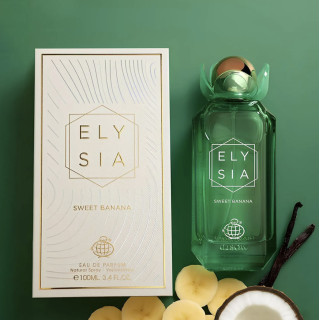 Fragrance World Elysia Sweet Banana EDP 100 ml — toote vaade; väga lähivõte; värvilisel taustal