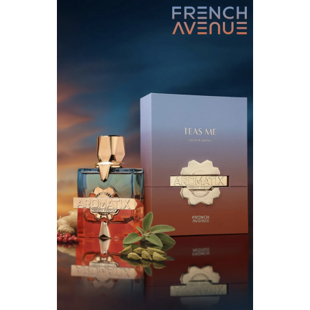 Fragrance World Aromatix Teas Me EDP 100 ml — productweergave; zeer nabije close-up; op een witte achtergrond