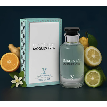 Fragrance World Imaginari Jacques Yves EDP 100 ml — изображение товара; очень крупный план; с ингредиентами аромата