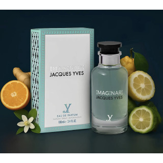 Fragrance World Imaginari Jacques Yves EDP 100 ml — изображение товара; очень крупный план; с ингредиентами аромата