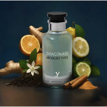 Imaginari Jacques Yves EDP 100 ml — товар в стилизованной композиции; очень крупный план; с ингредиентами аромата