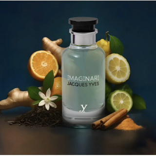 Imaginari Jacques Yves EDP 100 ml — товар в стилизованной композиции; очень крупный план; с ингредиентами аромата