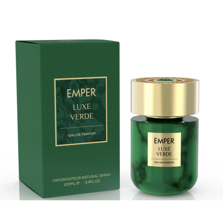 Emper Luxe Verde EDP 100 ml — toode ja pakend; lähivaade; valgel taustal