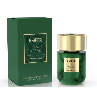 Emper Luxe Verde EDP 100 ml — toode ja pakend; lähivaade; valgel taustal