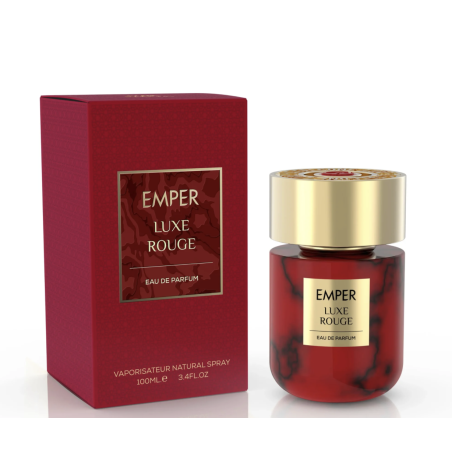 Emper Luxe Rouge EDP 100 ml — toode ja pakend; lähivaade; valgel taustal