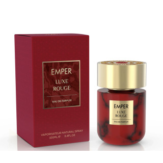 Emper Luxe Rouge EDP 100 ml — toode ja pakend; lähivaade; valgel taustal