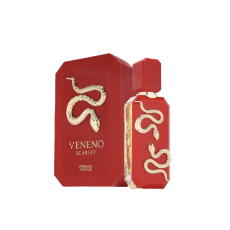 Fragrance World Veneno Scarlet Extrait de Parfum 100 ml — productverpakking; volledige compositie; op een witte achtergrond