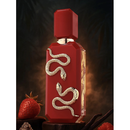 Fragrance World Veneno Scarlet Extrait de Parfum 100 ml — product en verpakking; zeer nabije close-up; op een witte achtergrond