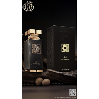 Fragrance World Sui Generis EDP 100 ml — προϊόν και συσκευασία; πολύ κοντινό πλάνο; σε λευκό φόντο