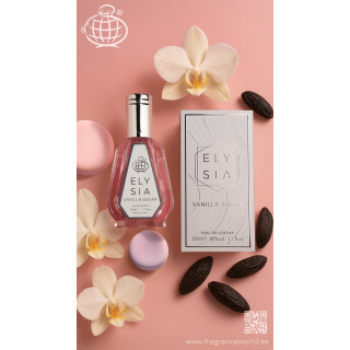 Fragrance World Elysia Vanilla Sugar EDP 50 ml — товар в стилизованной композиции; очень крупный план; с цветами