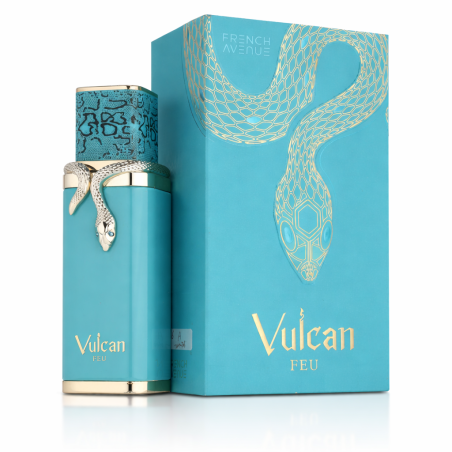 Fragrance World Vulcan Feu EDP 100 ml — produktemballage; meget tæt nærbillede; informationsgrafik for produktet