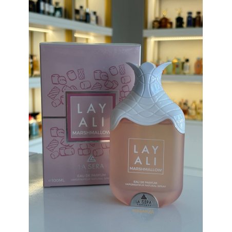 Emper Layali Marshmallow EDP 100 ml — toode ja pakend; väga lähivõte; valgel taustal