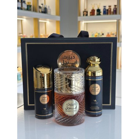 Emper Desert Angel SET 3 in 1 EDP 100 ml — productweergave; zeer nabije close-up; op een witte achtergrond; ruimste kadrering