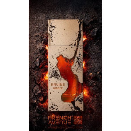 Fragrance World Ravine Ginger EDP 100 ml — άποψη προϊόντος; πολύ κοντινό πλάνο; σε λευκό φόντο; πιο ευρύ κάδρο